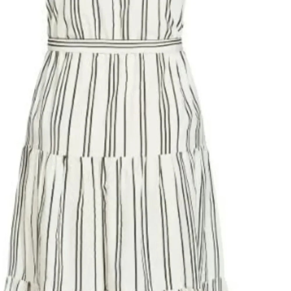City Chic Black White Striped Sleeveless Tiered Midi Shirt Dress‎ with Belt